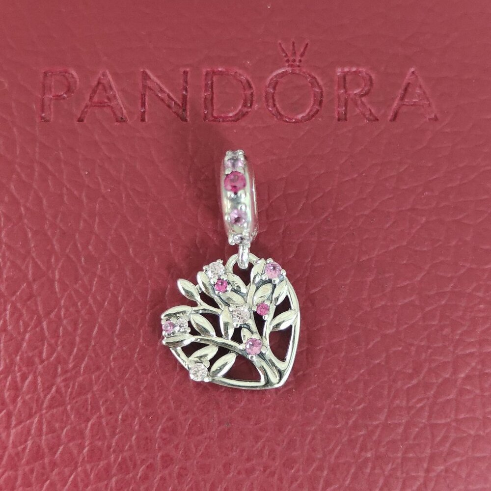 Pink Heart Family Tree Dangle Charm Bracelet Charm with box